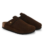 Brown suede slip-on clog with a black rubber sole and adjustable strap.