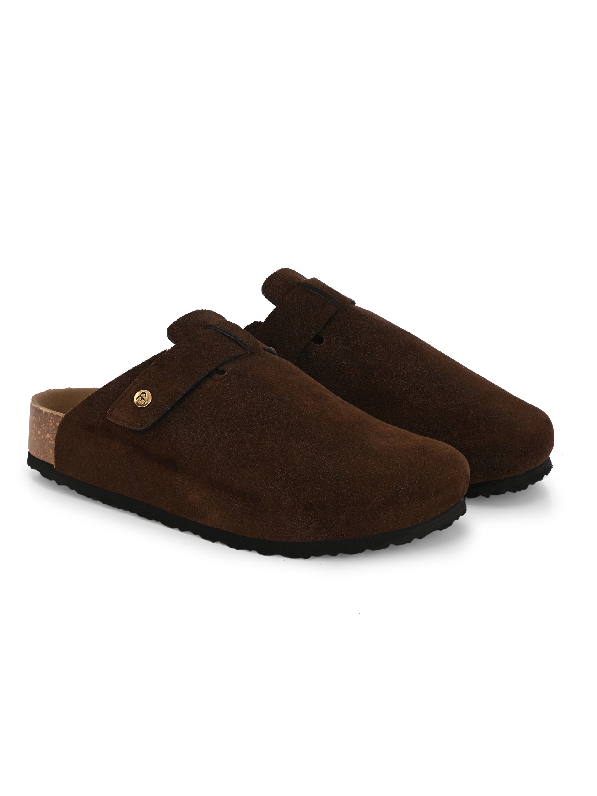 Brown suede slip-on clog with a black rubber sole and adjustable strap.