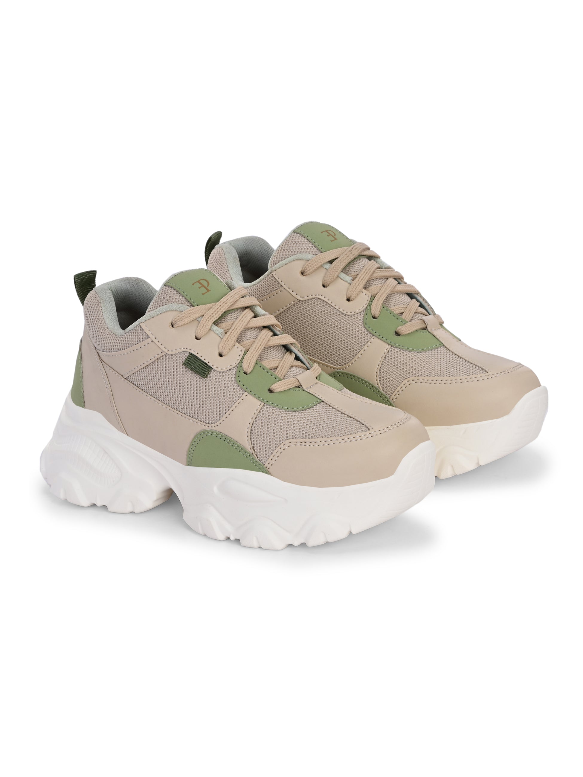 Beige and green chunky casual sneakers for women with a textured sole and modern design.