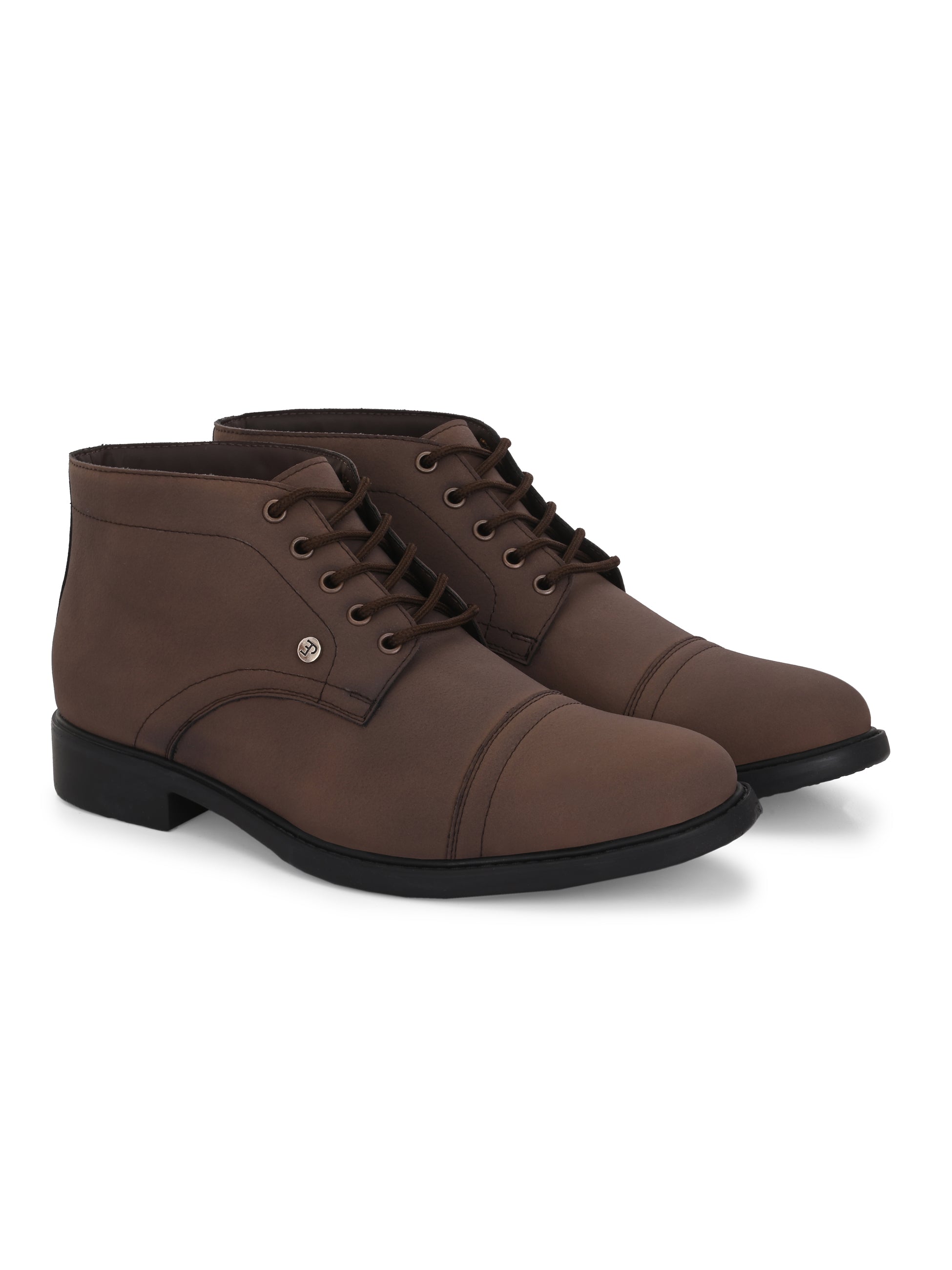 Brown Faux Leather Casual boot with cap toe, sleek design, metal eyelets, and a small brand logo near the ankle for men
