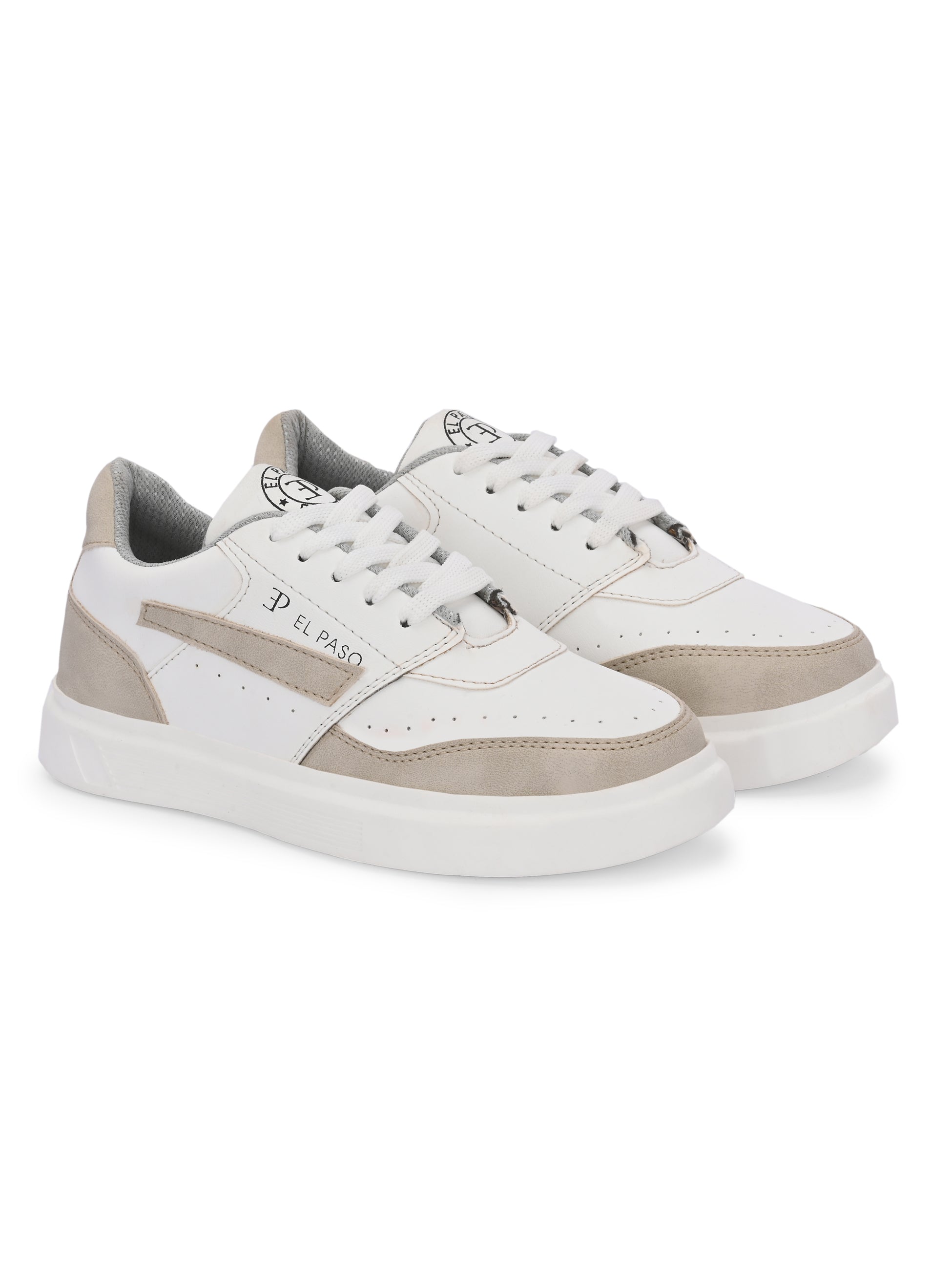 White & Beige Lace-Up Platform Heel Sneakers
