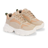 Beige chunky sneakers with a textured sole and mesh accents.