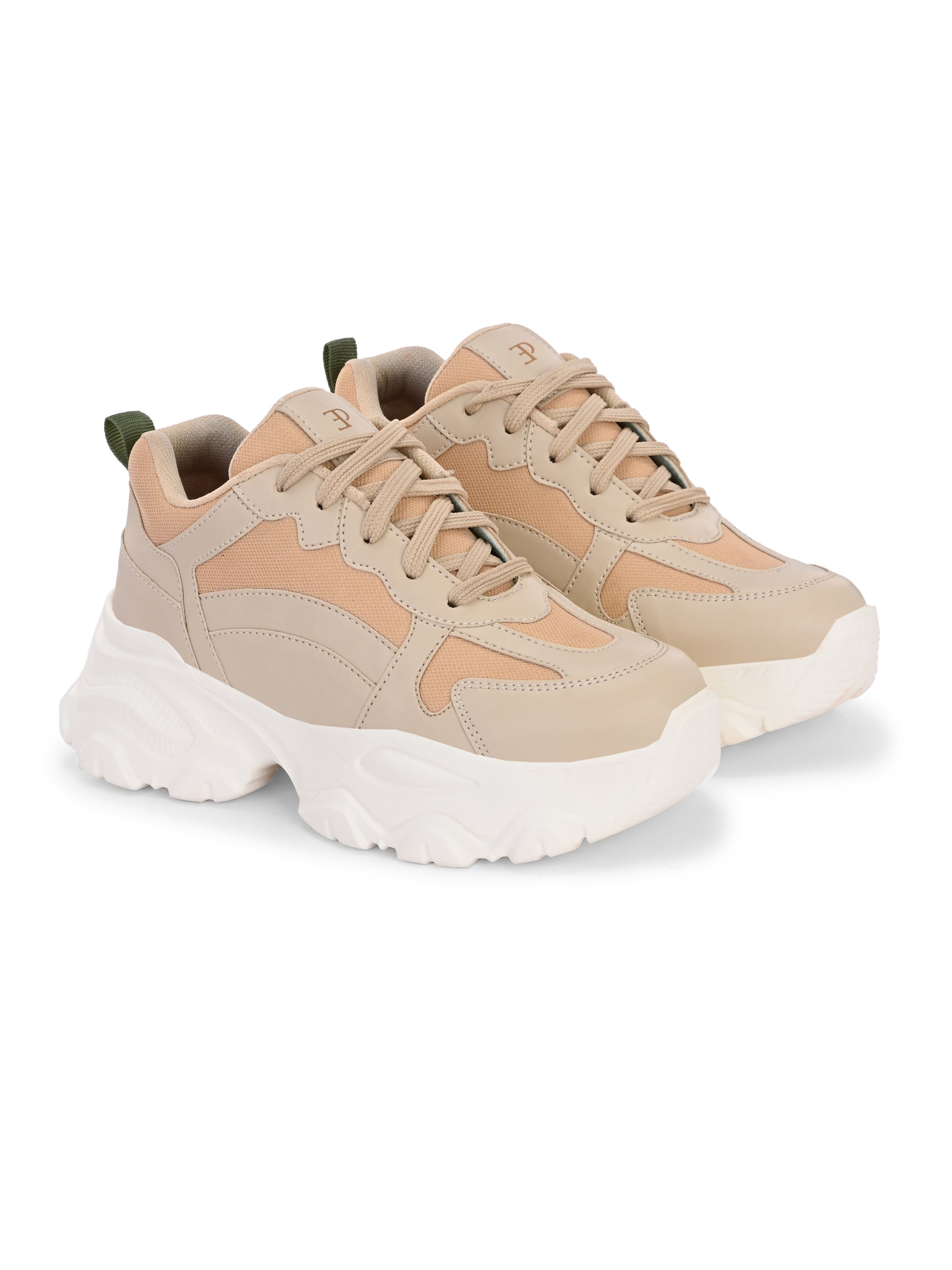 Beige chunky sneakers with a textured sole and mesh accents.