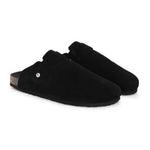 Black suede slip-on clog with a black rubber sole, adjustable strap, and Boston Soft Footbed for enhanced comfort and support.
