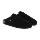 Black suede slip-on clog with a black rubber sole, adjustable strap, and Boston Soft Footbed for enhanced comfort and support.