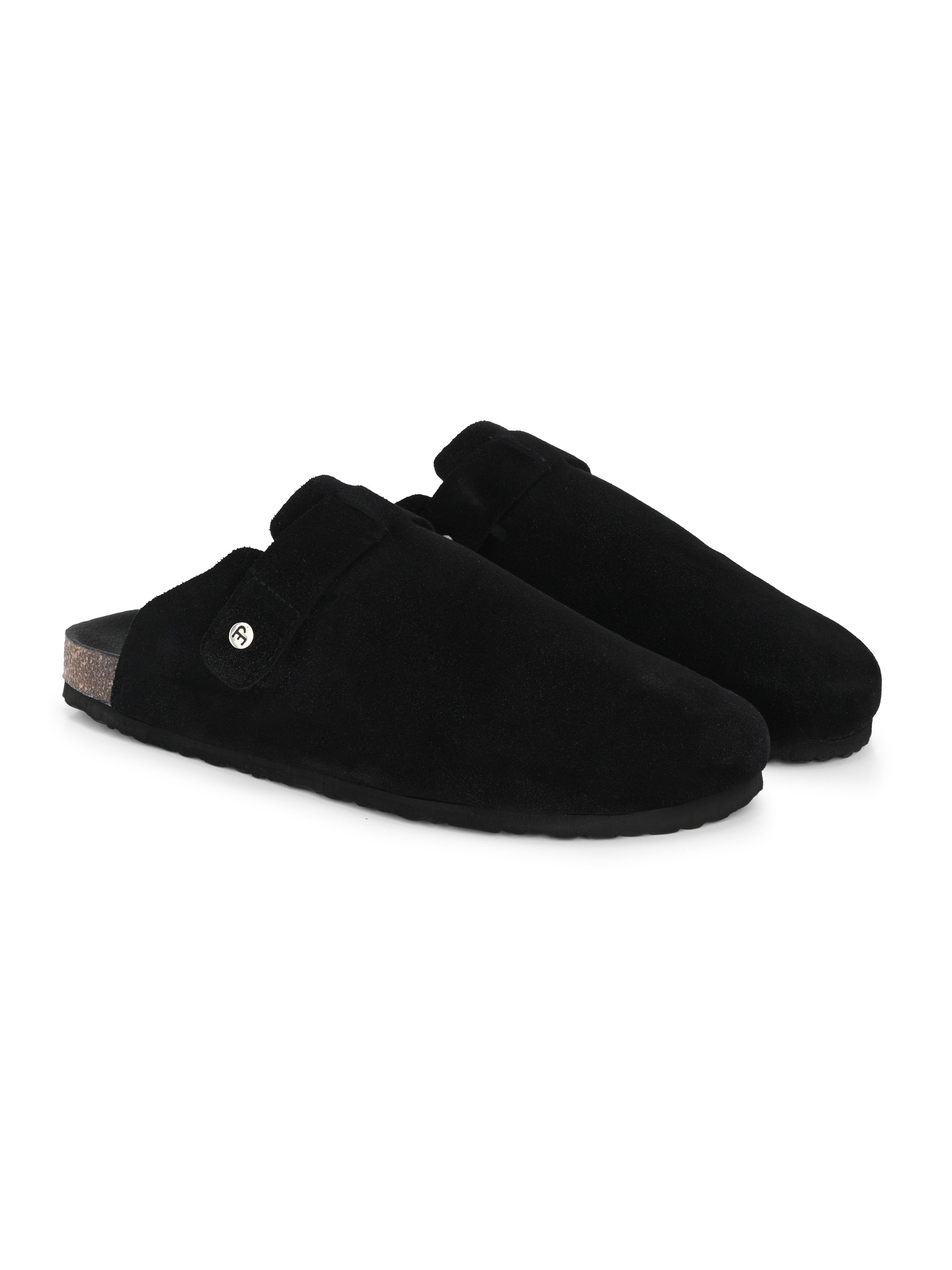 Black suede slip-on clog with a black rubber sole, adjustable strap, and Boston Soft Footbed for enhanced comfort and support.
