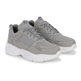 This is a Men grey and white Faux Leather Casual sneaker with a white heel and lace-up design, offering a sleek and modern look.