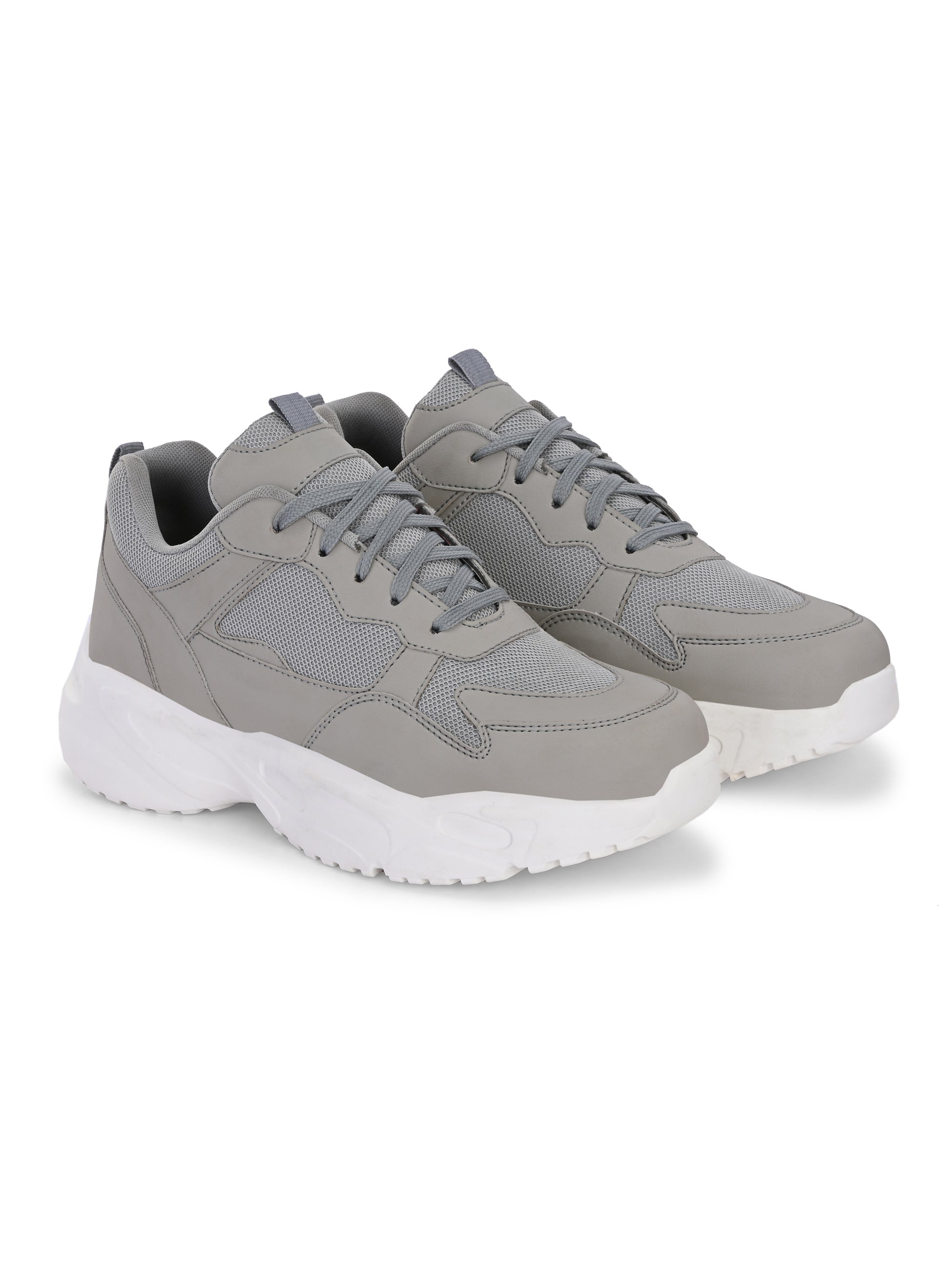 This is a Men grey and white Faux Leather Casual sneaker with a white heel and lace-up design, offering a sleek and modern look.