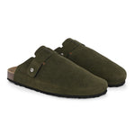 Olive suede slip-on clog with a black rubber sole and adjustable strap.