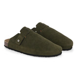 Olive suede slip-on clog with a black rubber sole and adjustable strap.