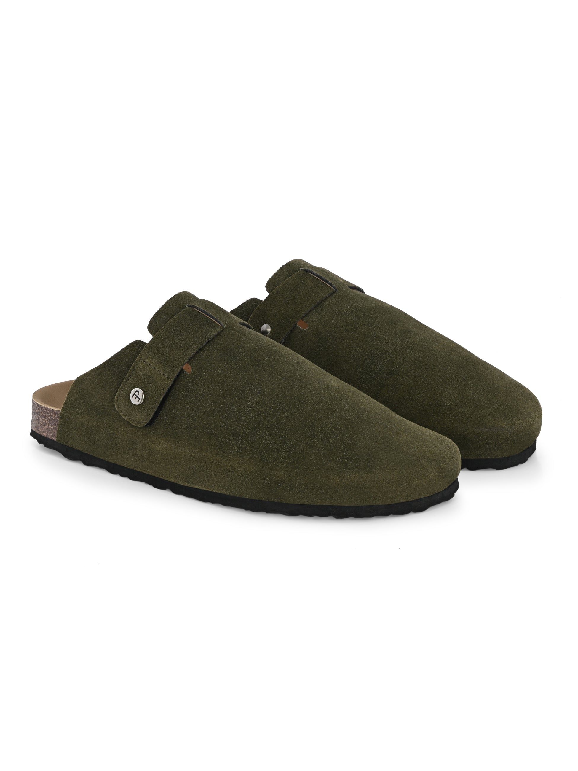 Olive suede slip-on clog with a black rubber sole and adjustable strap.