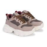 Women Casual Lace Up Sneaker with a brown mesh upper, pink leather panels, brown laces, and a thick white sole.