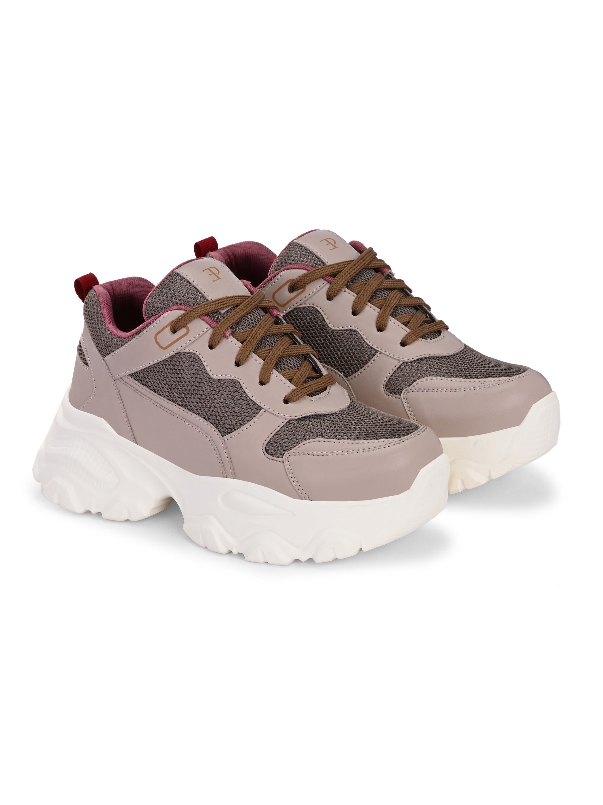 Women Casual Lace Up Sneaker with a brown mesh upper, pink leather panels, brown laces, and a thick white sole.
