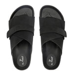 Black Men's casual flat heel strap sandal with slip-on closure