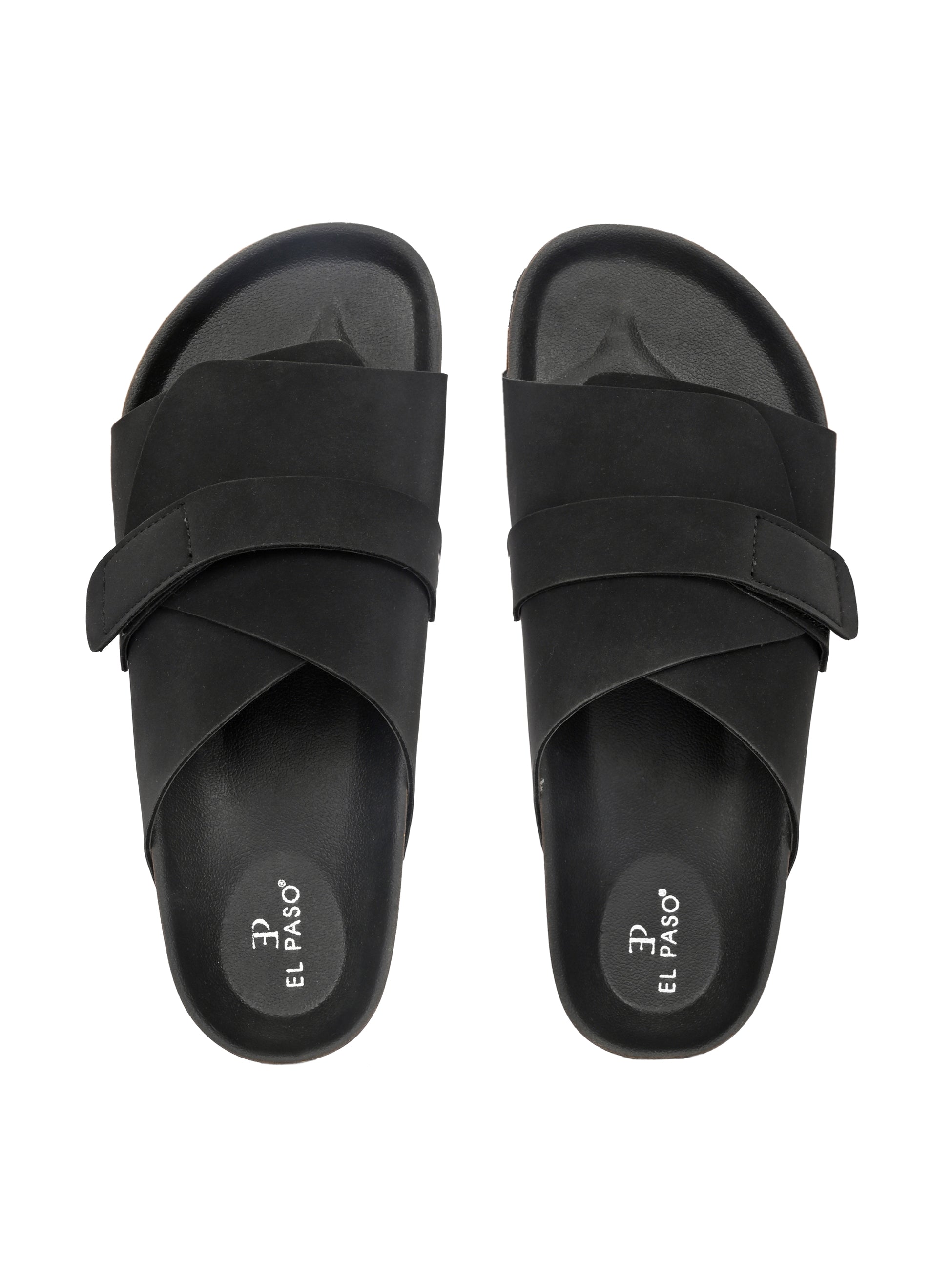 Black Men's casual flat heel strap sandal with slip-on closure
