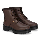 A Men's Ankle Length Block Heel boots with a side zipper, pull-tab at the back, and a low block heel.