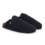 Blue suede slip-on clog with a black rubber sole, adjustable strap, and Boston Soft Footbed for enhanced comfort and support.