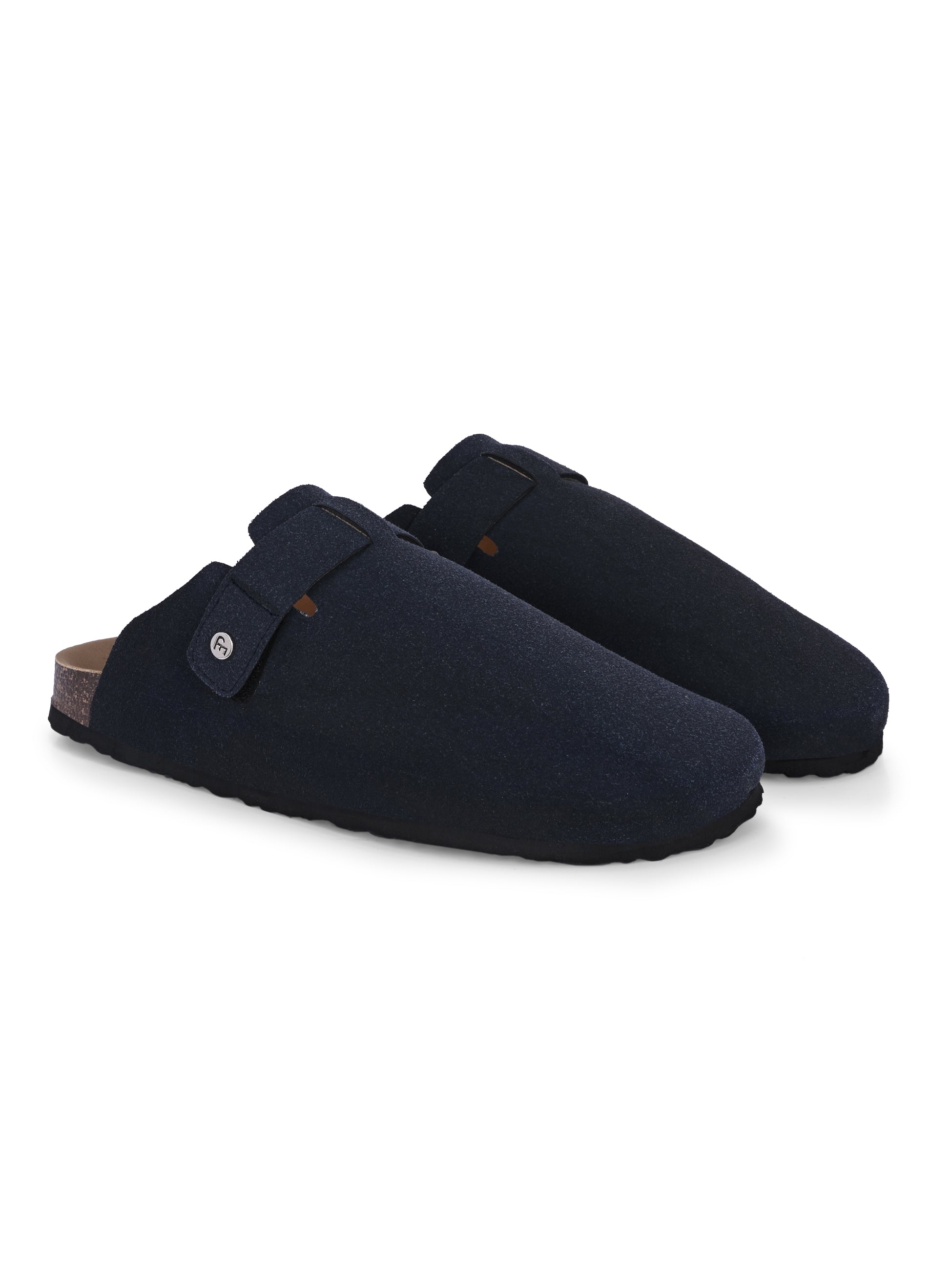 Blue suede slip-on clog with a black rubber sole, adjustable strap, and Boston Soft Footbed for enhanced comfort and support.
