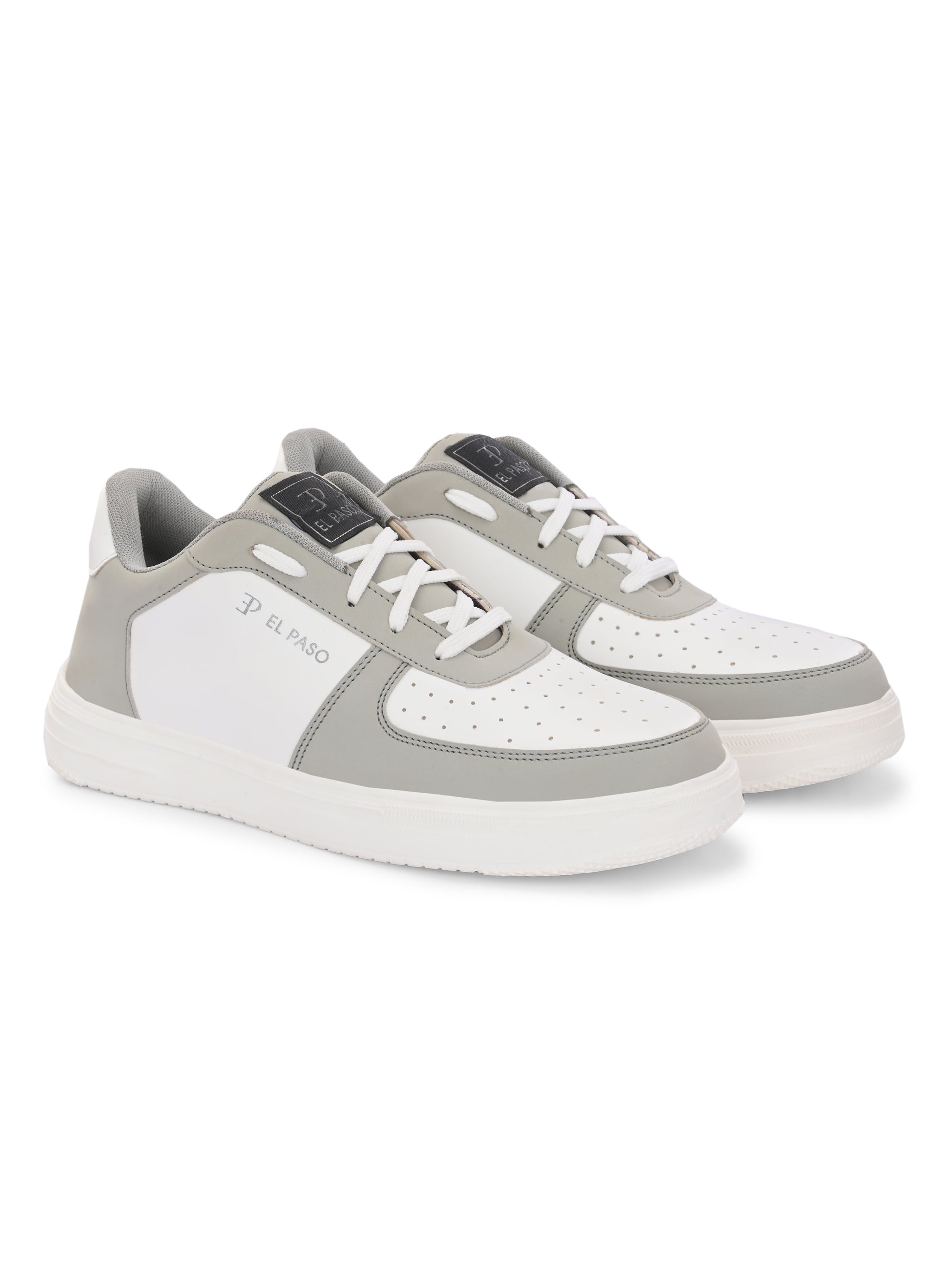 Men Solid Lace-Up Sneakers in white and grey with a sleek design and clean white sole, perfect for casual wear.