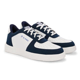 Men Solid Lace-Up Sneakers in white and blue with a sleek design and clean white sole, perfect for casual wear.