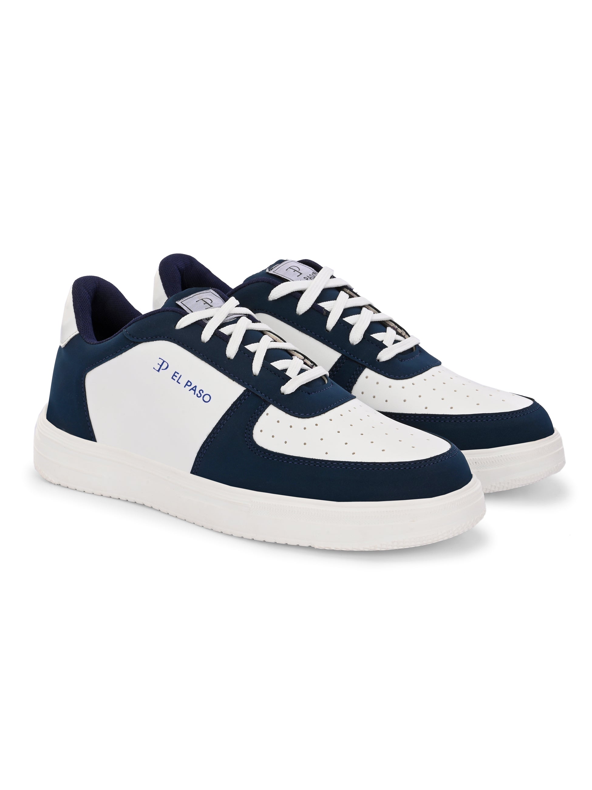 Men Solid Lace-Up Sneakers in white and blue with a sleek design and clean white sole, perfect for casual wear.