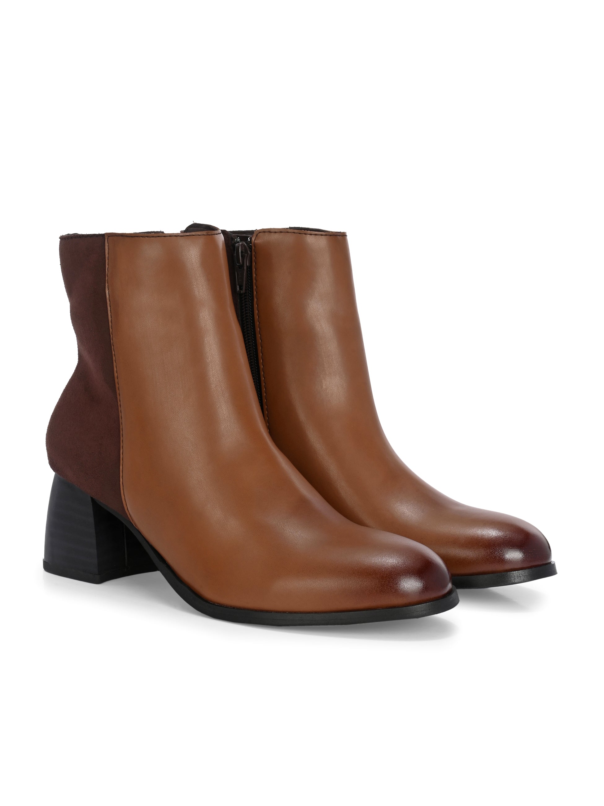 women brown zip ankle length boots with a smooth leather front, suede back, block heel, pointed toe