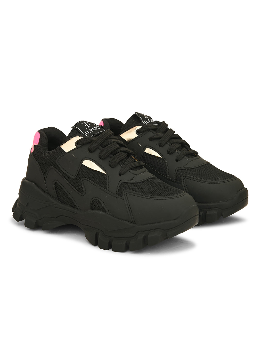 A pair of black El Paso lace-up women's sneakers with chunky soles, mesh detailing, and subtle pink and white accents.