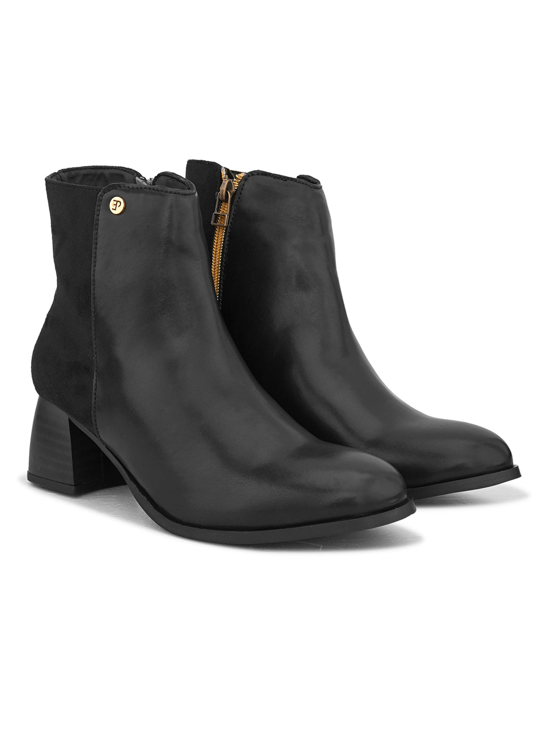 women black zip ankle length boots with a smooth leather front, suede back, block heel, pointed toe