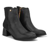 women black zip ankle length boots with a smooth leather front, suede back, block heel, pointed toe