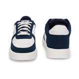 A white and blue sneaker featuring a sleek design and a clean white sole, perfect for casual wear.