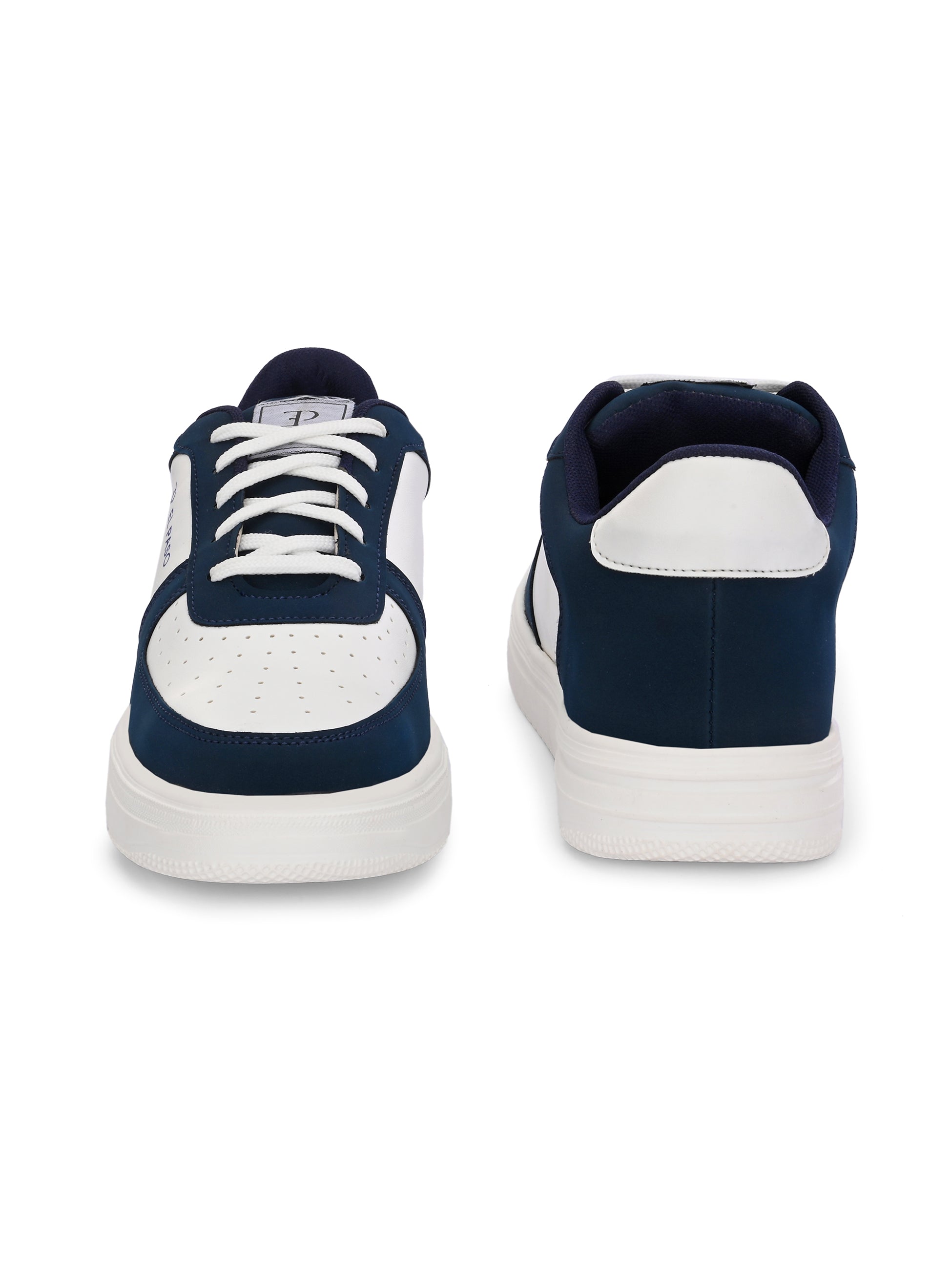 A white and blue sneaker featuring a sleek design and a clean white sole, perfect for casual wear.