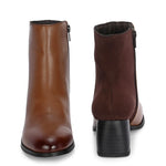 women black zip ankle length boots with a smooth leather front, suede back, block heel, pointed toe