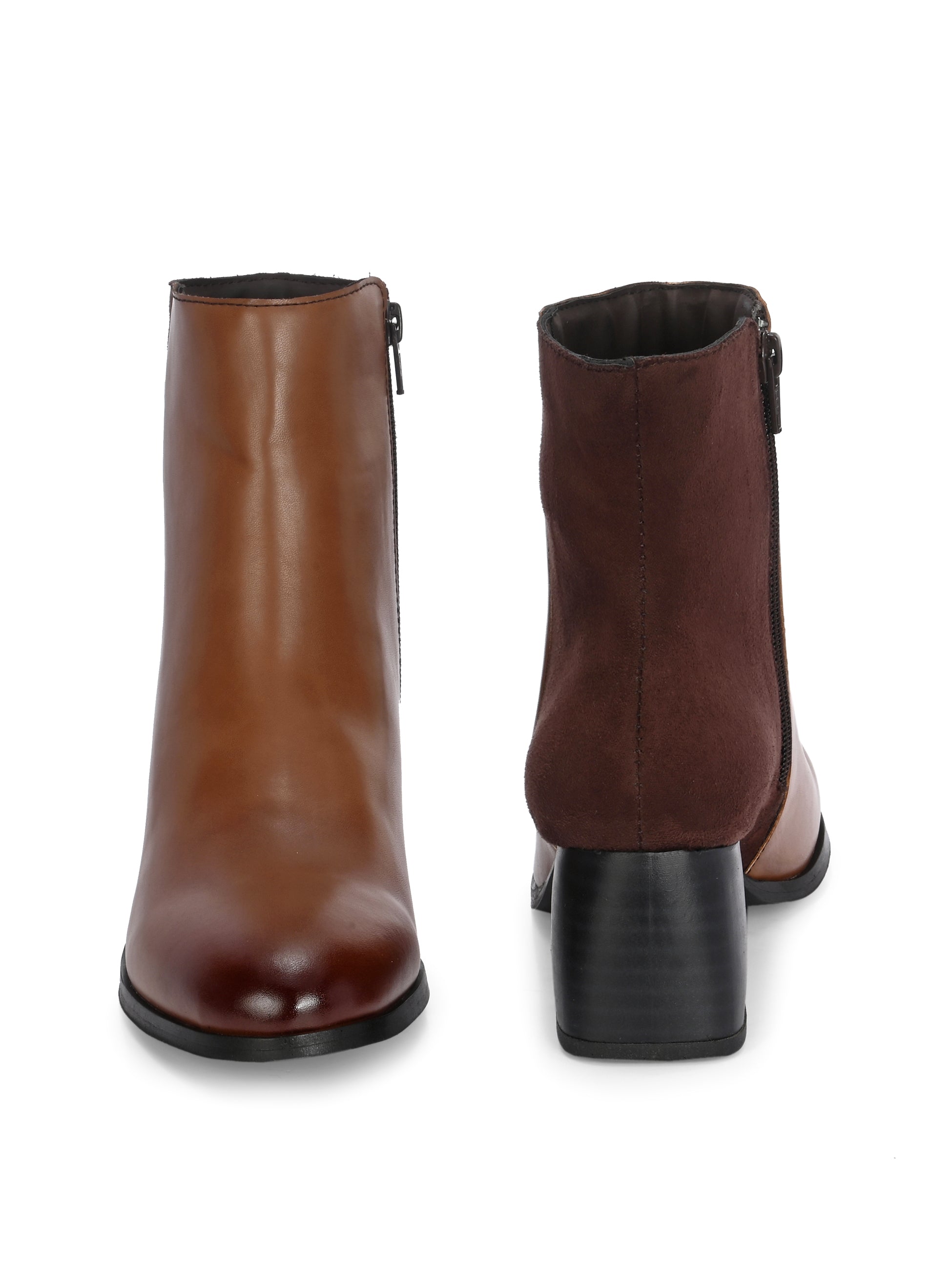 women black zip ankle length boots with a smooth leather front, suede back, block heel, pointed toe