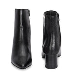 Black textured ankle boots with a sleek snakeskin pattern and a block heel design