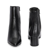 Black textured ankle boots with a sleek snakeskin pattern and a block heel design