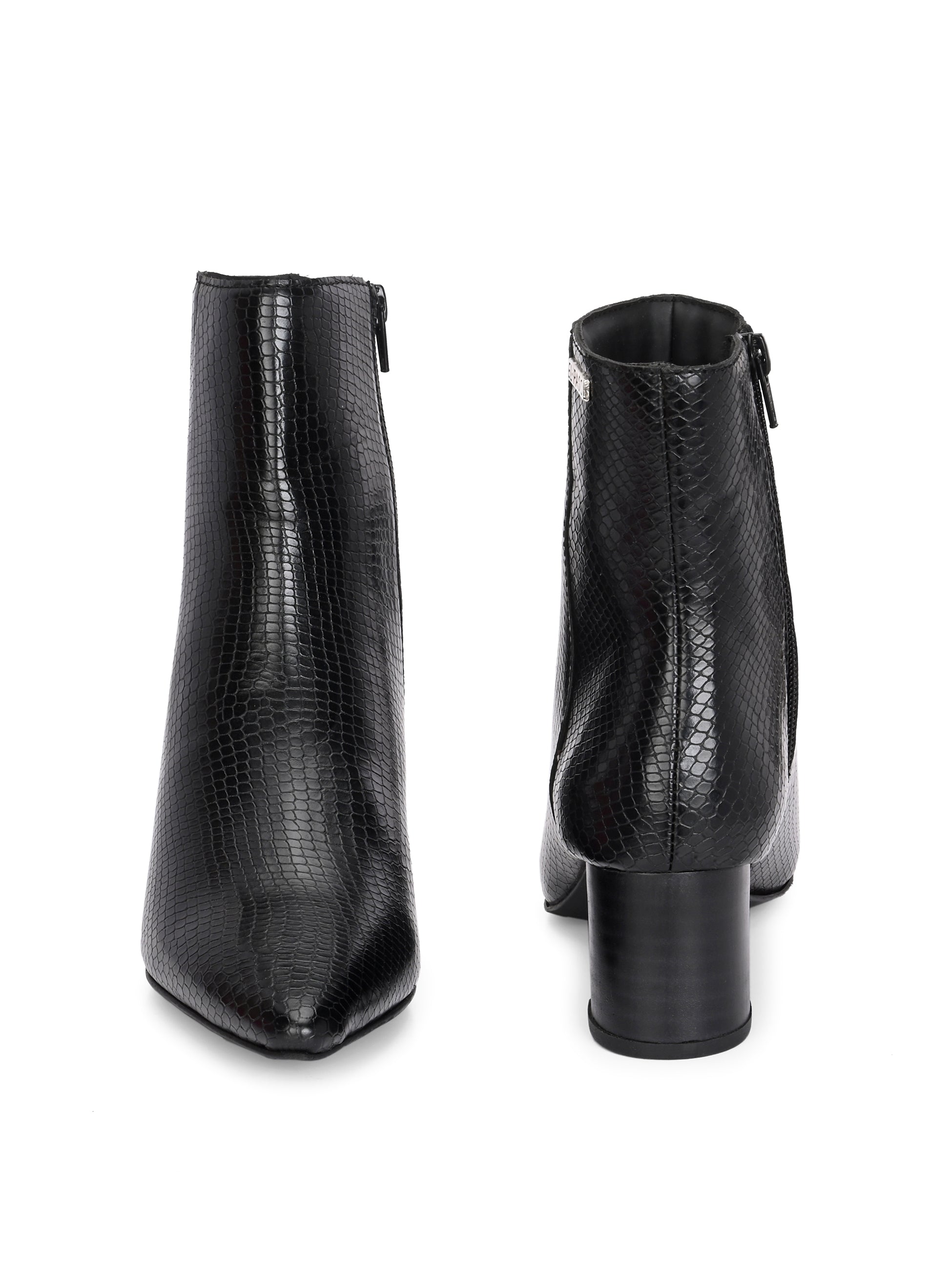 Black textured ankle boots with a sleek snakeskin pattern and a block heel design