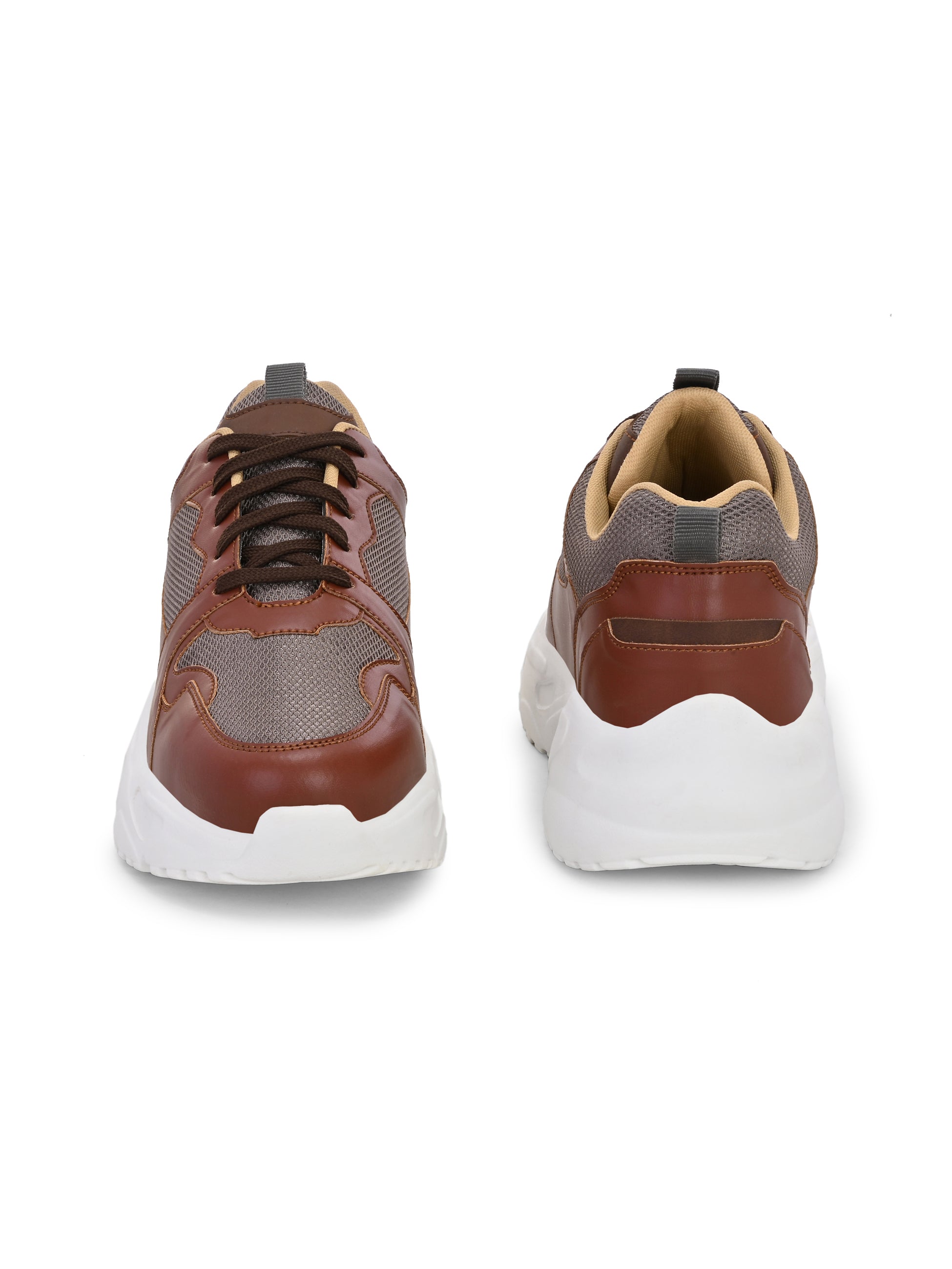 brown and grey mesh Men's casual sneakers with a chunky white sole, offering a stylish and comfortable look.