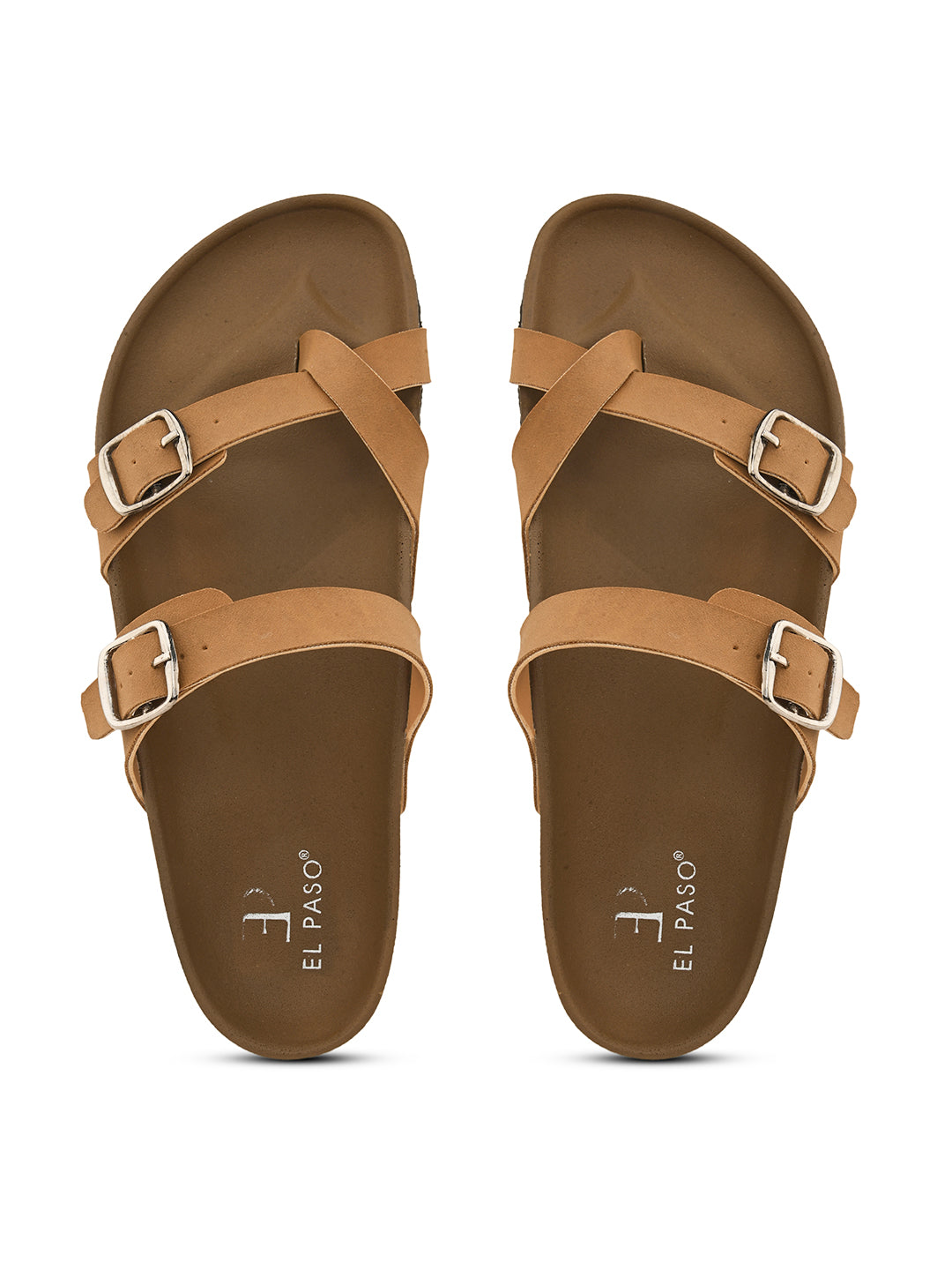 Women’s one-toe flats with a cork sole, silver buckles, and a casual slip-on design.