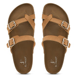Women’s one-toe flats with a cork sole, silver buckles, and a casual slip-on design.