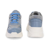 Women Casual Lace Up Sneaker with a gray mesh upper, blue leather panels, blue laces, and a thick white sole.