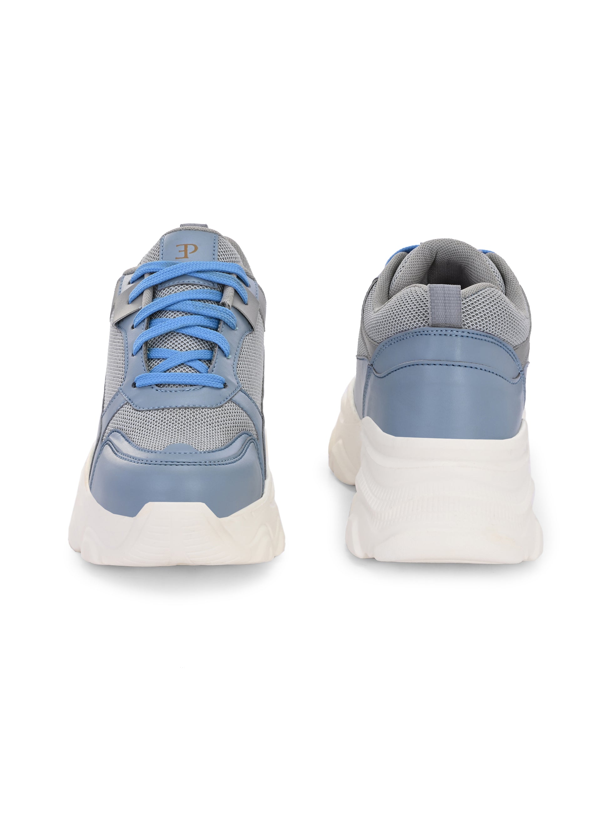 Women Casual Lace Up Sneaker with a gray mesh upper, blue leather panels, blue laces, and a thick white sole.