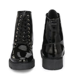 Shiny Black Lace-Up Block Heel Boots
