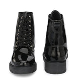 Shiny Black Lace-Up Block Heel Boots