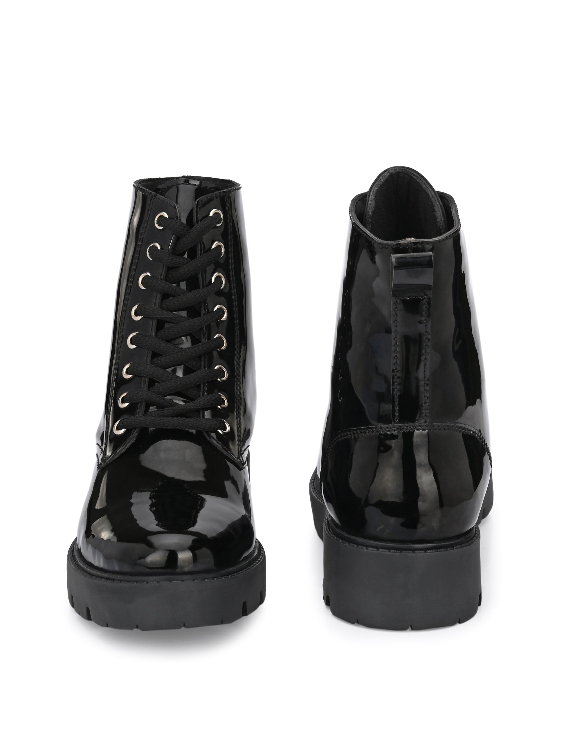 Shiny Black Lace-Up Block Heel Boots