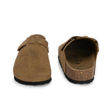 Olive suede slip-on clog with a black rubber sole and adjustable strap.