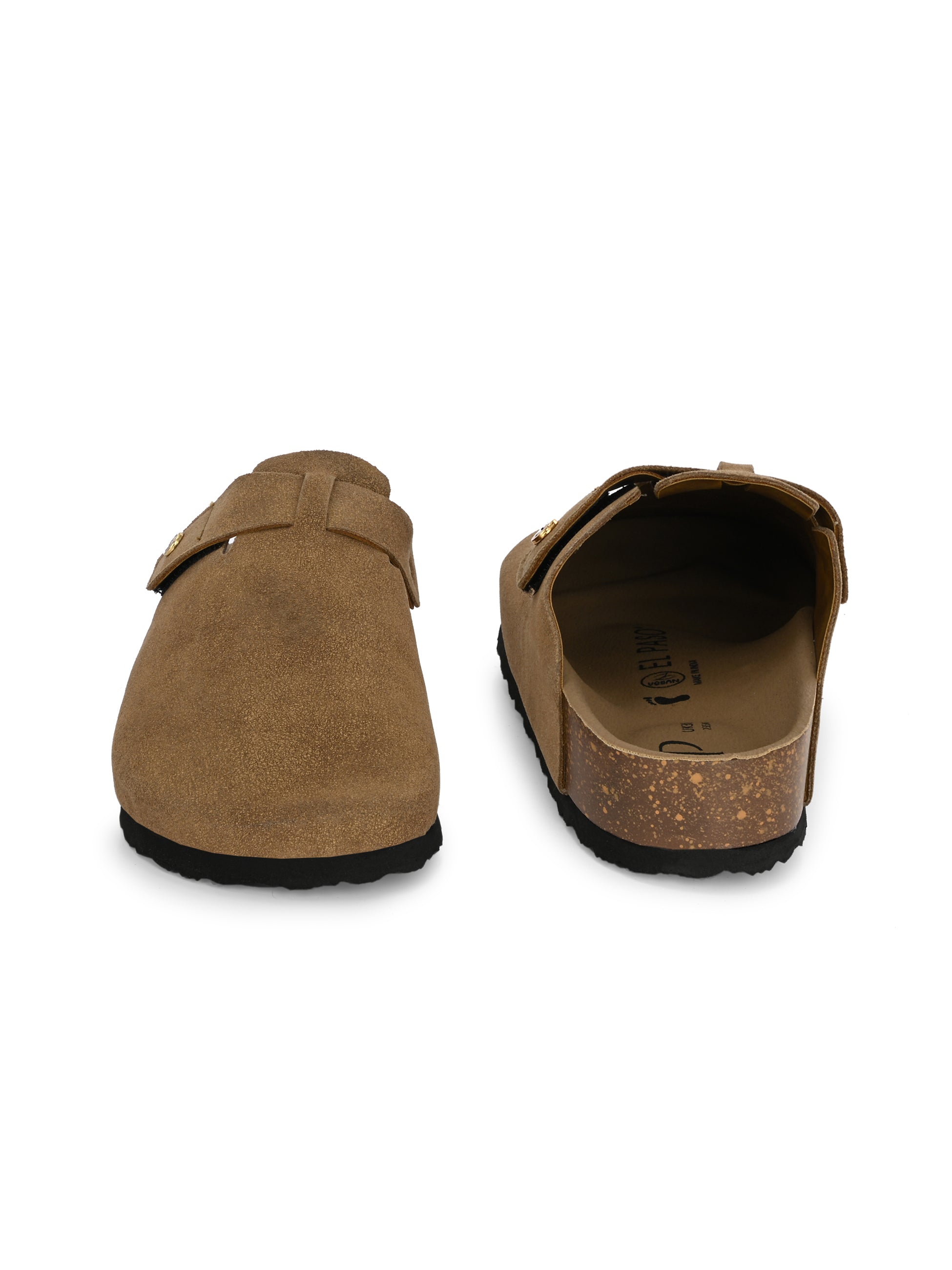 Olive suede slip-on clog with a black rubber sole and adjustable strap.