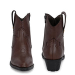 Brown ankle boots with intricate decorative stitching, featuring a slip-on design.