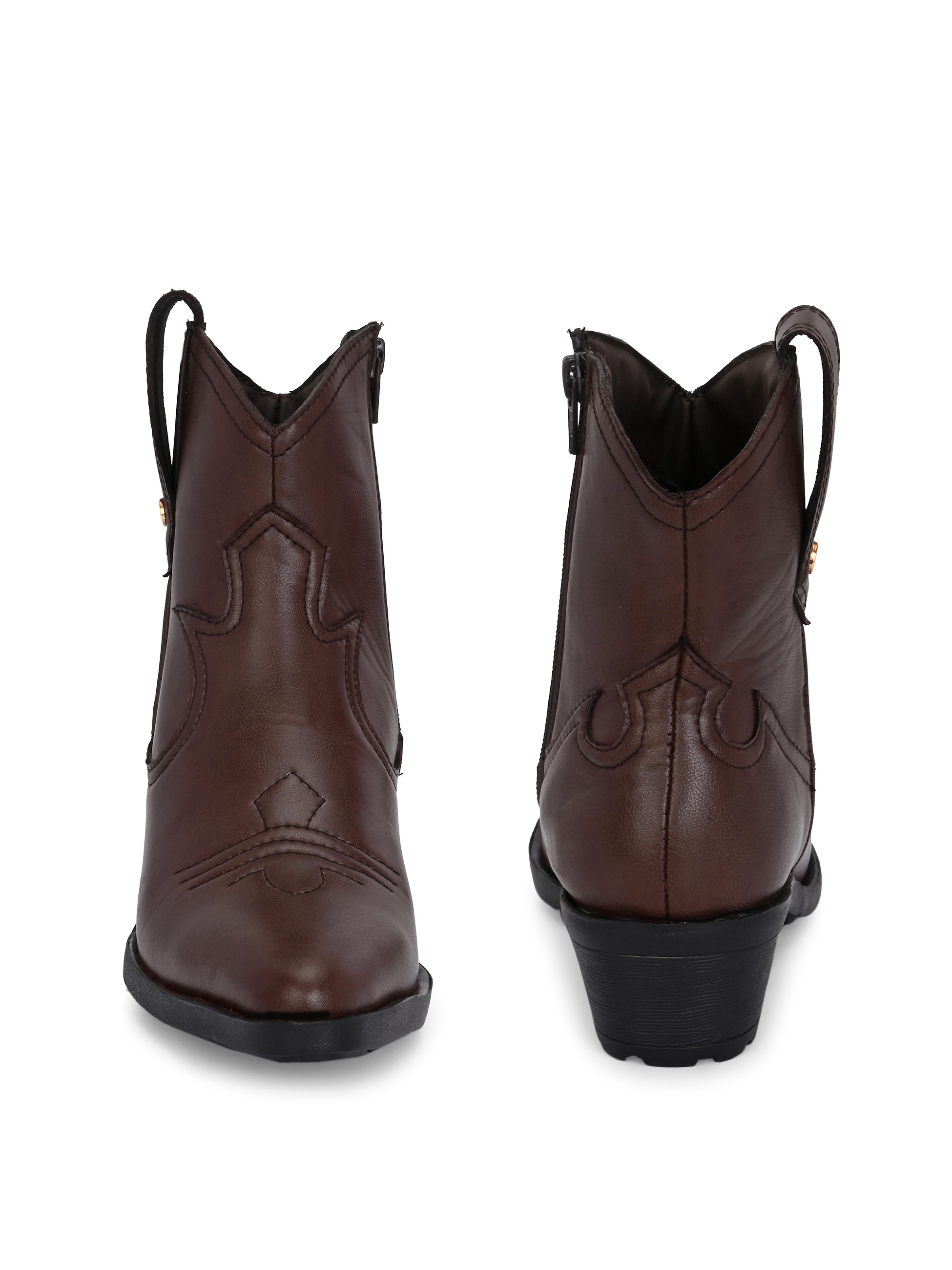 Brown ankle boots with intricate decorative stitching, featuring a slip-on design.