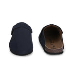 Blue suede slip-on clog with a black rubber sole and adjustable strap.