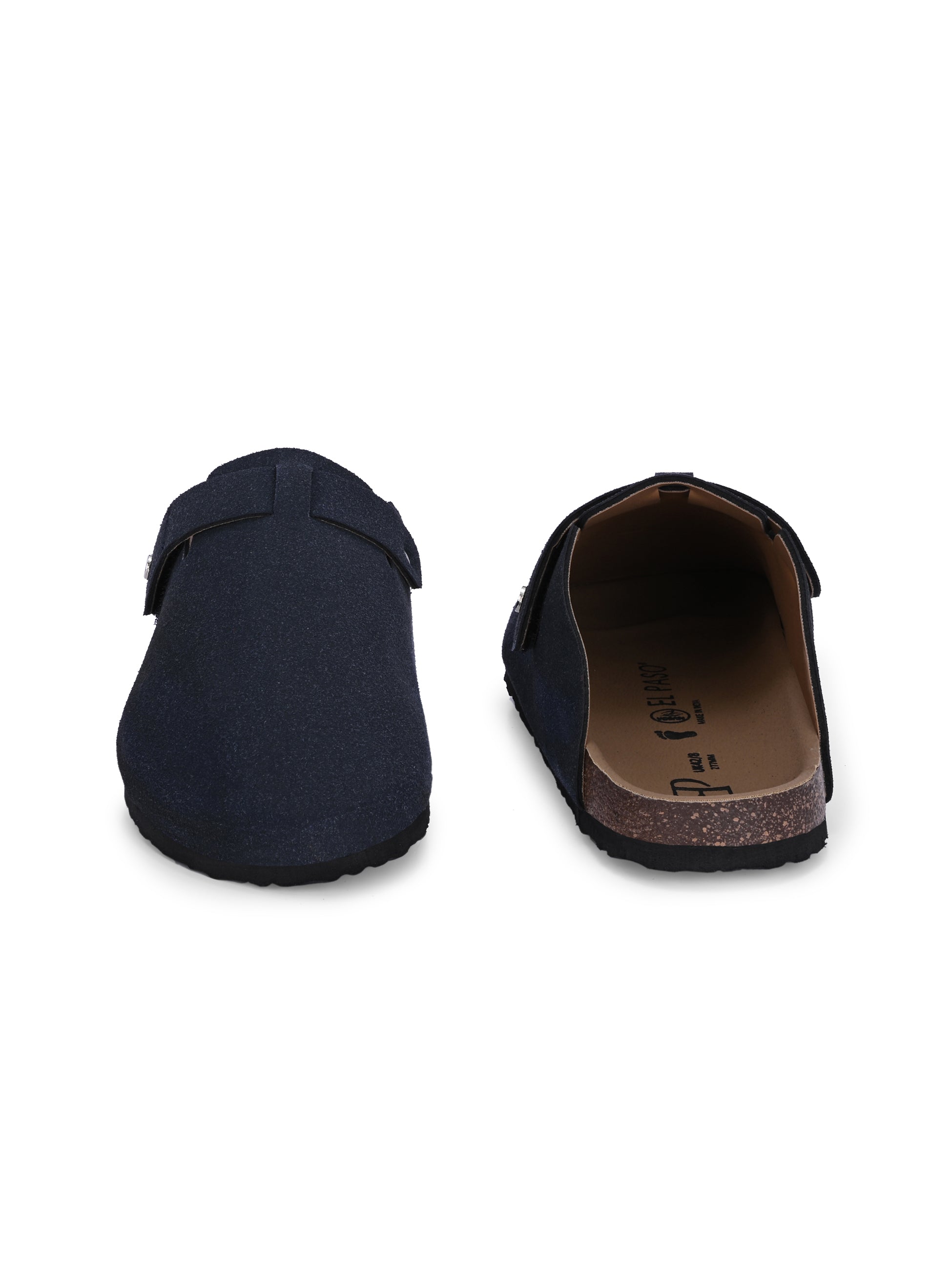 Blue suede slip-on clog with a black rubber sole and adjustable strap.